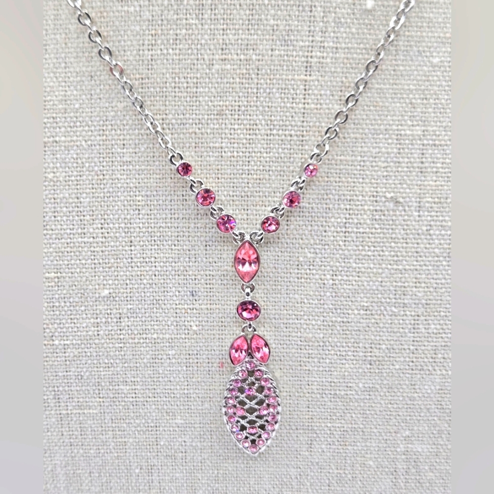 GIVENCHY Vintage Silver Tone Necklace Pink Crystal Pendant